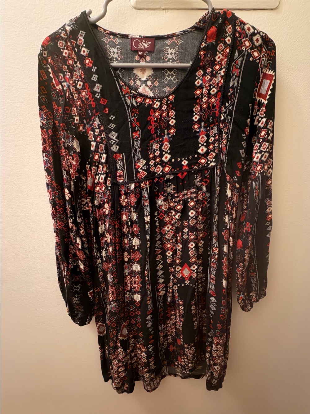 Celine Black Long-Sleeve Dress with Red & Cream Geometric Motif